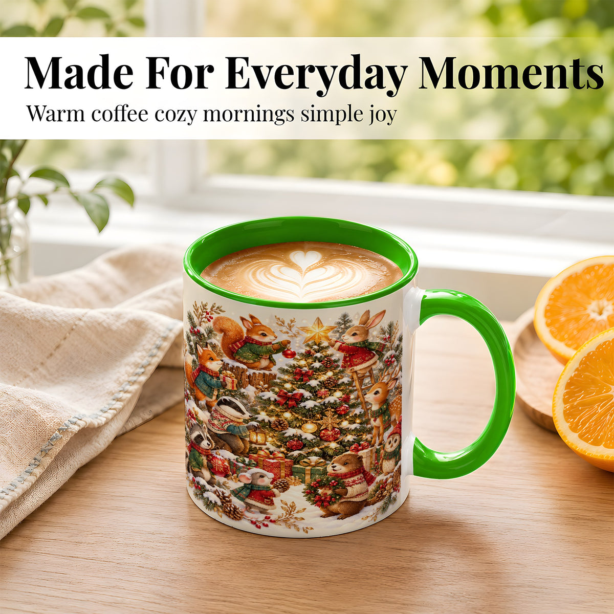 #pl[11oz|Green] Woodland Tree Coffee Mug, Christmas Animal Mug, Ceramic Cup