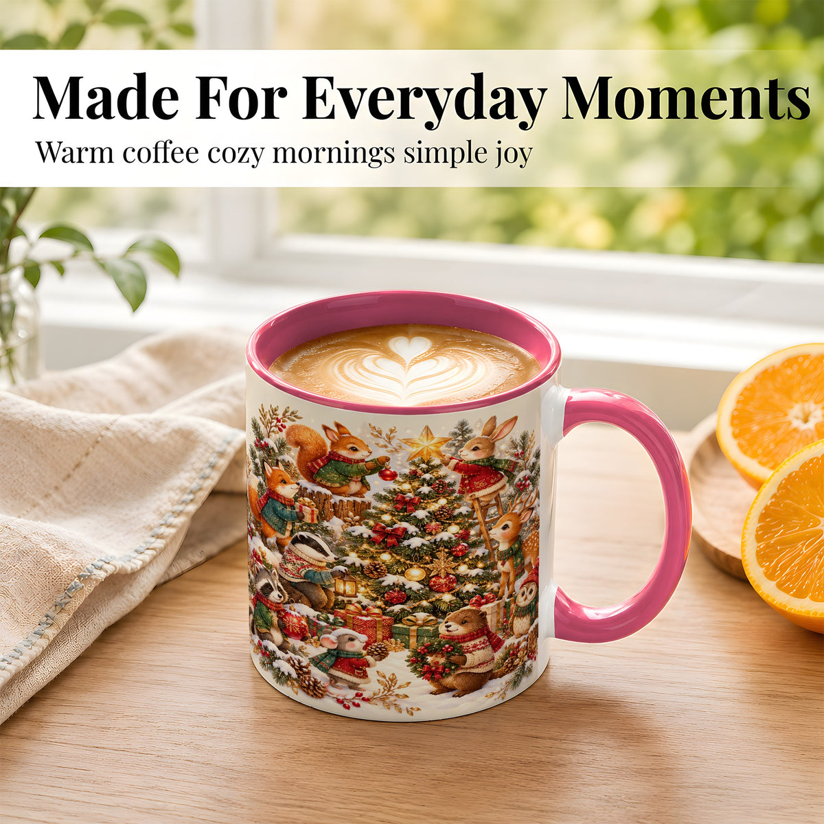 #pl[11oz|Pink] Woodland Tree Coffee Mug, Christmas Animal Mug, Ceramic Cup