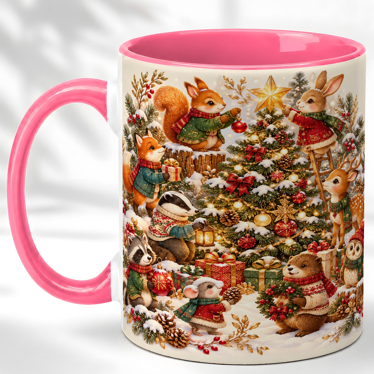 #pl[11oz|Pink] Woodland Tree Coffee Mug, Christmas Animal Mug, Ceramic Cup