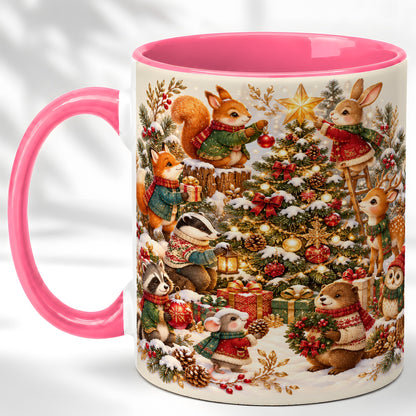 #pl[11oz|Pink] Woodland Tree Coffee Mug, Christmas Animal Mug, Ceramic Cup