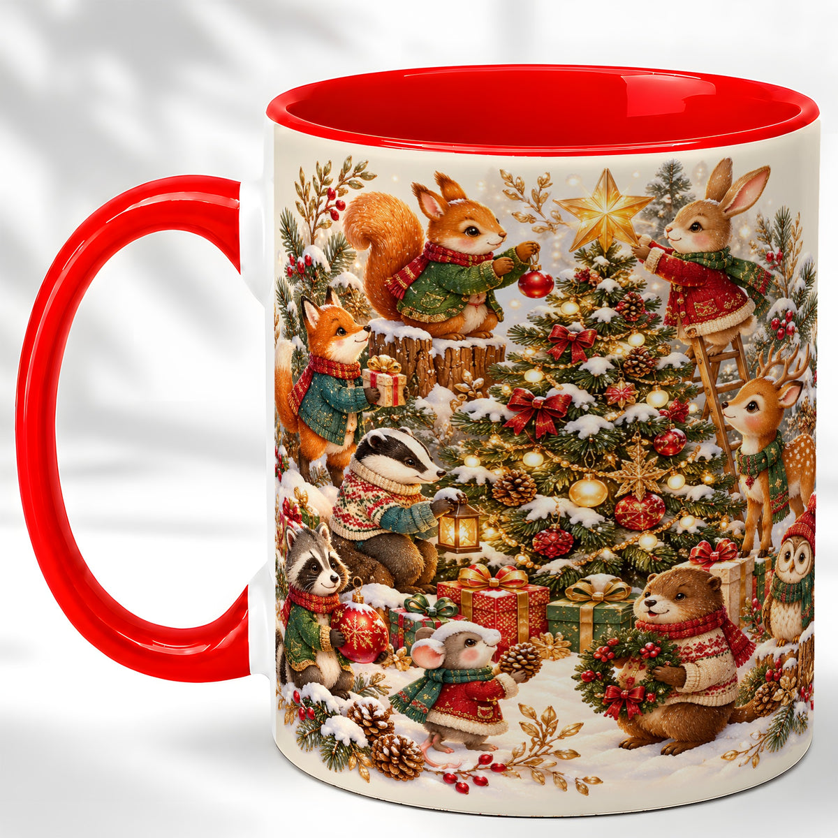 Woodland Tree Coffee Mug, Christmas Animal Mug, Ceramic Cup