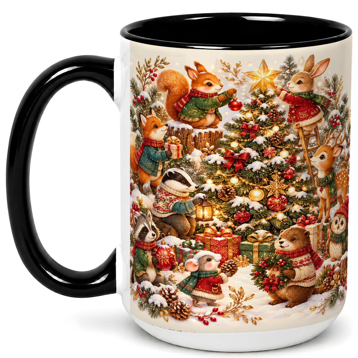 #pl[15oz|Black] Woodland Tree Coffee Mug, Christmas Animal Mug, Ceramic Cup