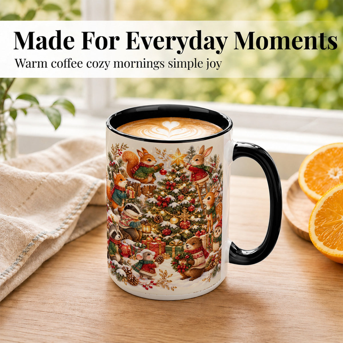 #pl[15oz|Black] Woodland Tree Coffee Mug, Christmas Animal Mug, Ceramic Cup