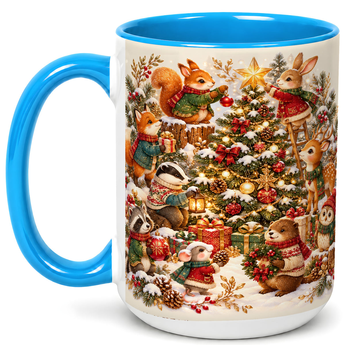 #pl[15oz|Blue] Woodland Tree Coffee Mug, Christmas Animal Mug, Ceramic Cup