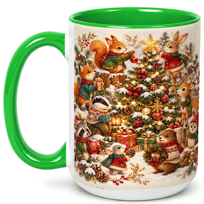 #pl[15oz|Green] Woodland Tree Coffee Mug, Christmas Animal Mug, Ceramic Cup