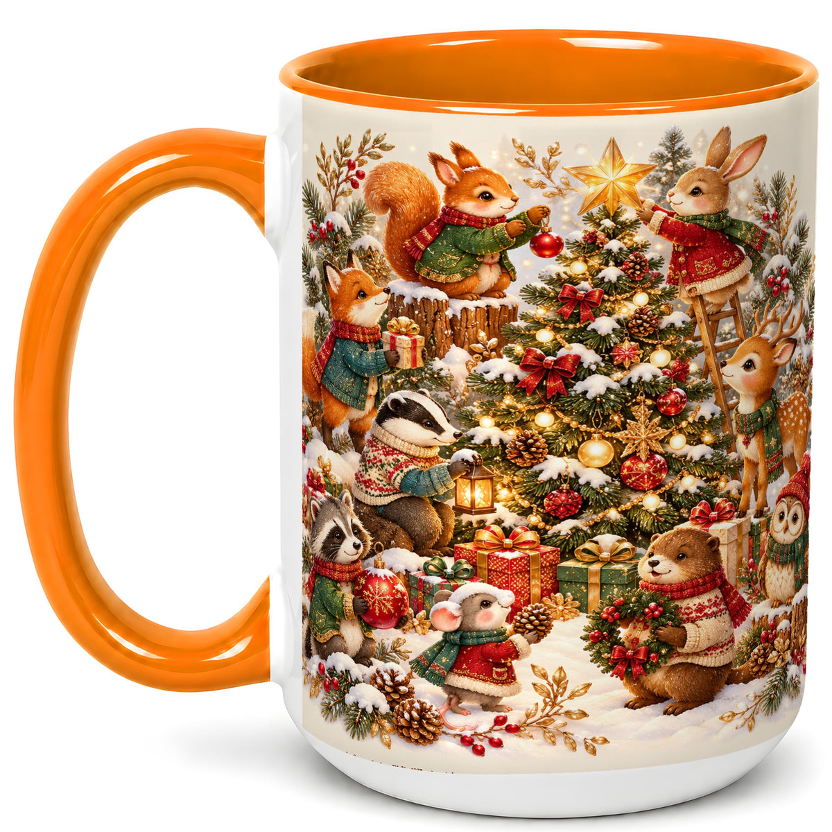 #pl[15oz|Orange] Woodland Tree Coffee Mug, Christmas Animal Mug, Ceramic Cup
