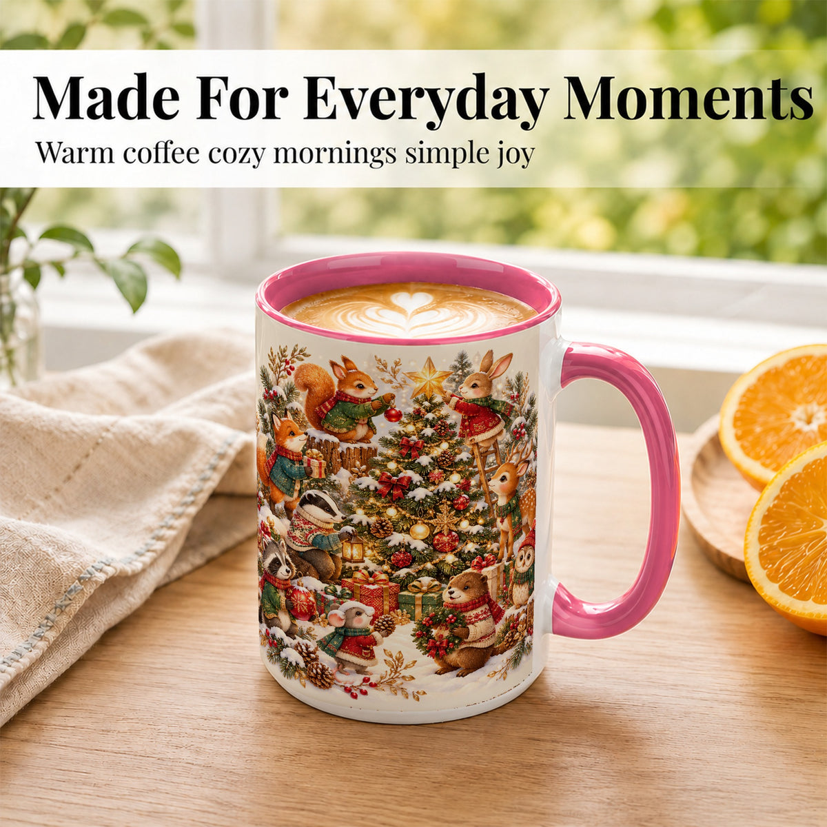 #pl[15oz|Pink] Woodland Tree Coffee Mug, Christmas Animal Mug, Ceramic Cup