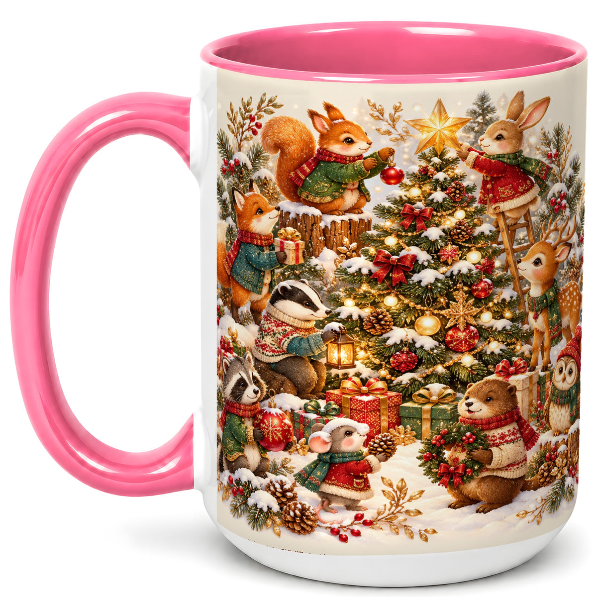 #pl[15oz|Pink] Woodland Tree Coffee Mug, Christmas Animal Mug, Ceramic Cup