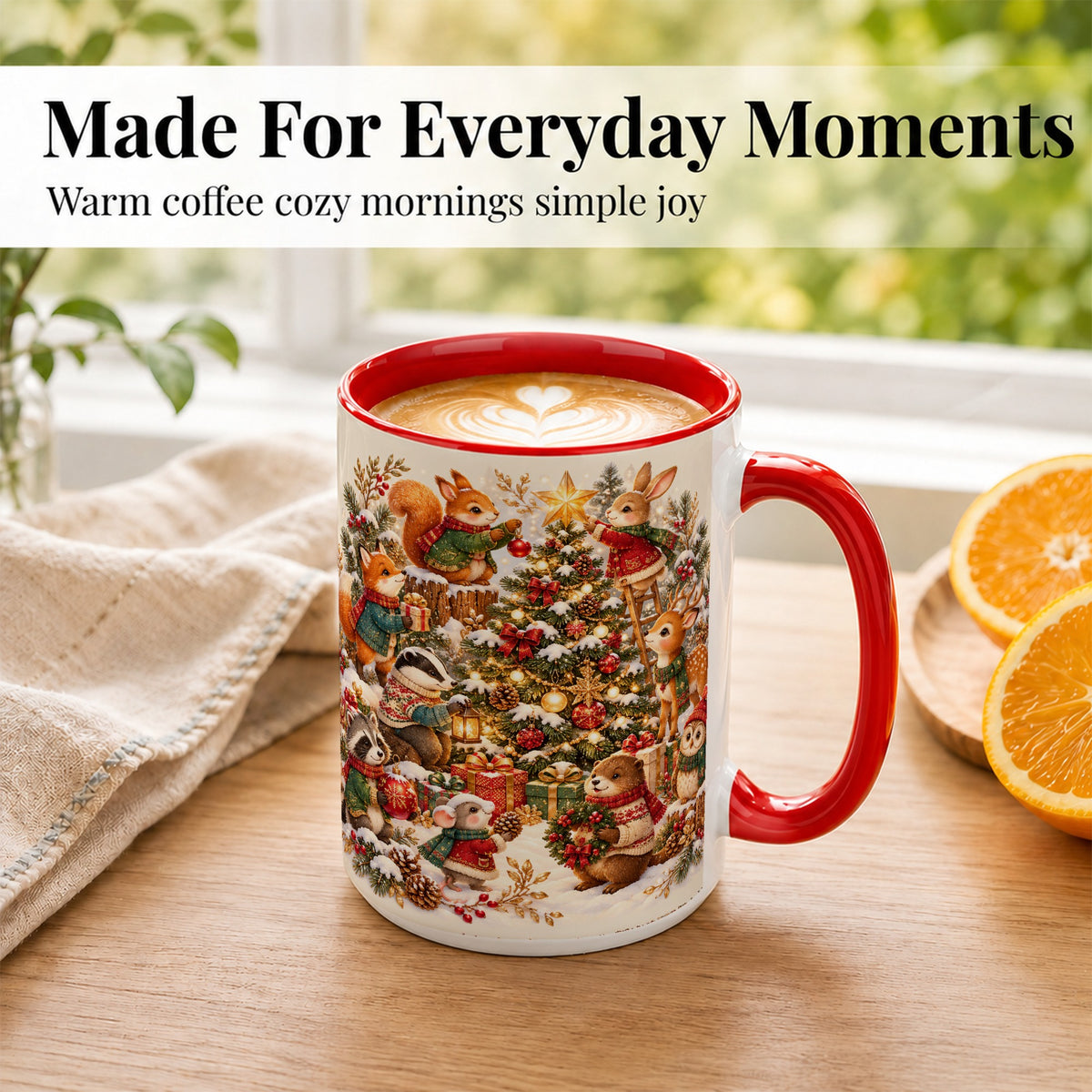 #pl[15oz|Red] Woodland Tree Coffee Mug, Christmas Animal Mug, Ceramic Cup