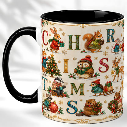 #pl[11oz|Black] Christmas Animals Coffee Mug, Woodland Letter Mug, Ceramic Cup