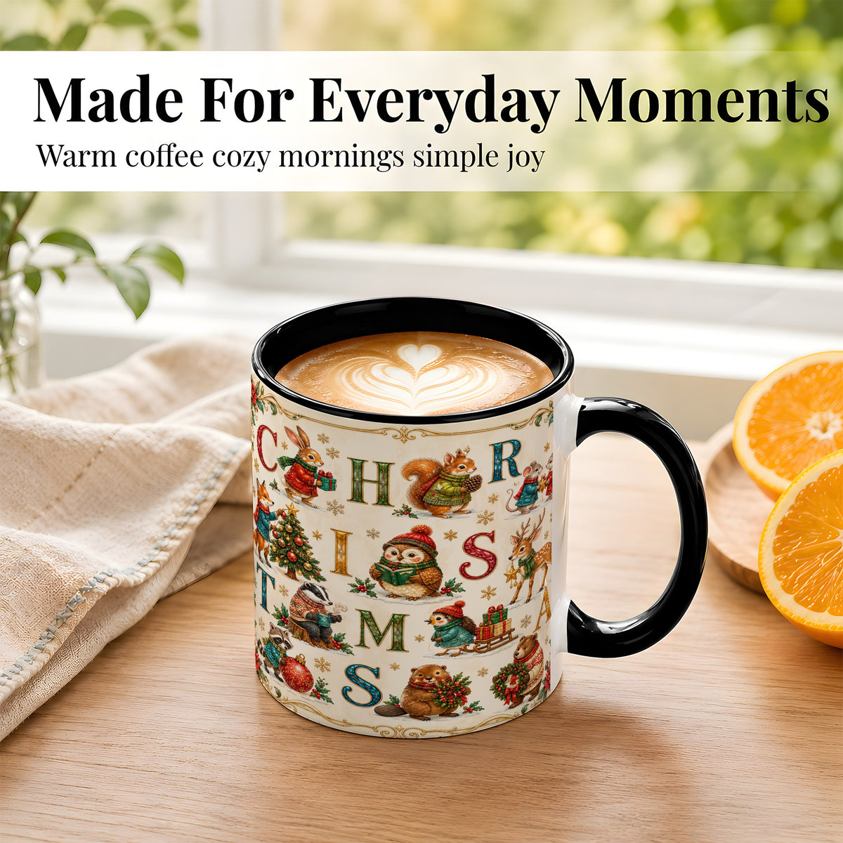 #pl[11oz|Black] Christmas Animals Coffee Mug, Woodland Letter Mug, Ceramic Cup