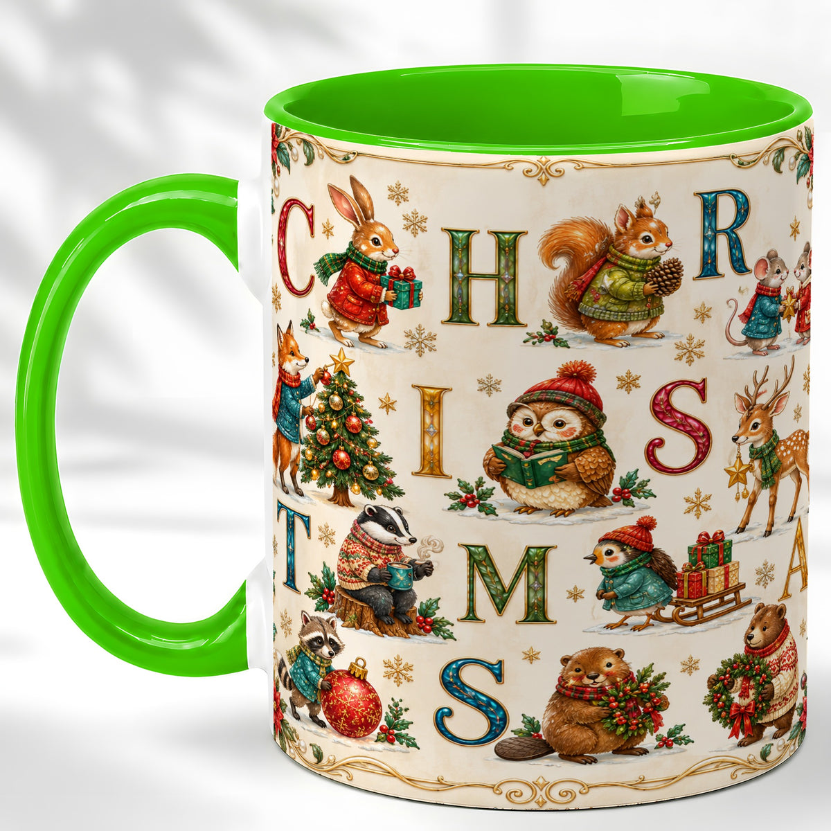 #pl[11oz|Green] Christmas Animals Coffee Mug, Woodland Letter Mug, Ceramic Cup