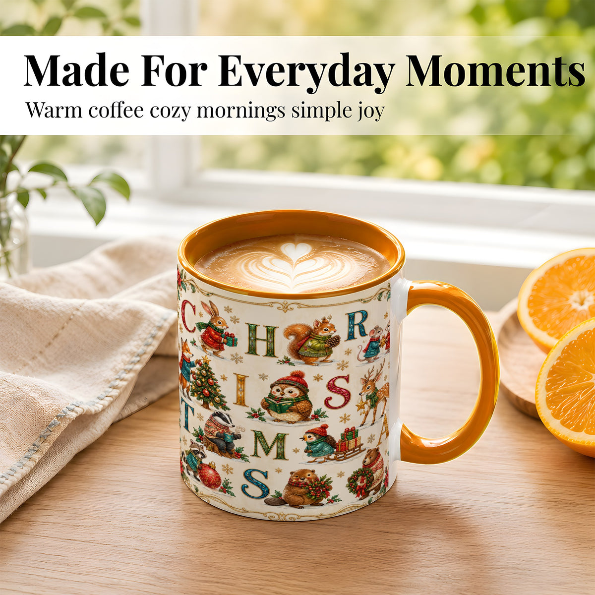 #pl[11oz|Orange] Christmas Animals Coffee Mug, Woodland Letter Mug, Ceramic Cup
