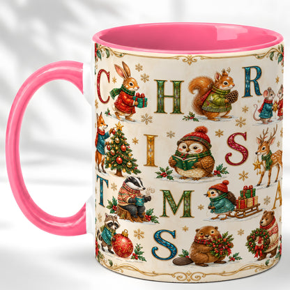 #pl[11oz|Pink] Christmas Animals Coffee Mug, Woodland Letter Mug, Ceramic Cup