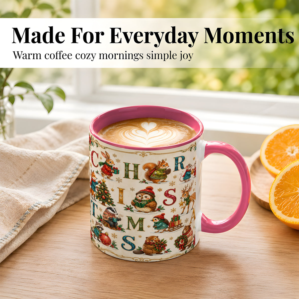 #pl[11oz|Pink] Christmas Animals Coffee Mug, Woodland Letter Mug, Ceramic Cup