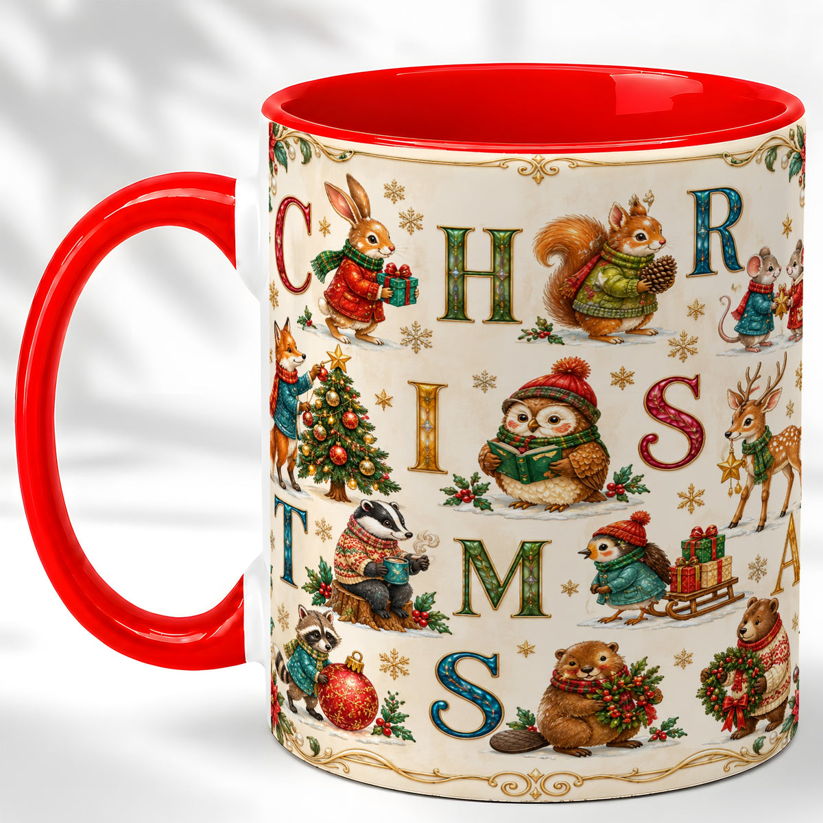 Christmas Animals Coffee Mug, Woodland Letter Mug, Ceramic Cup