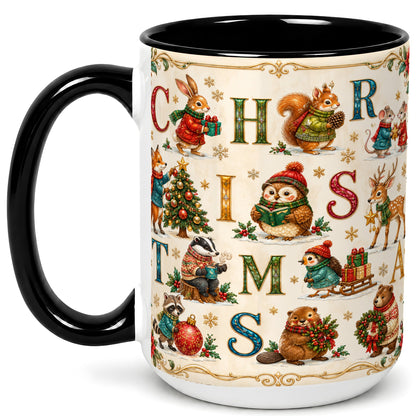 #pl[15oz|Black] Christmas Animals Coffee Mug, Woodland Letter Mug, Ceramic Cup