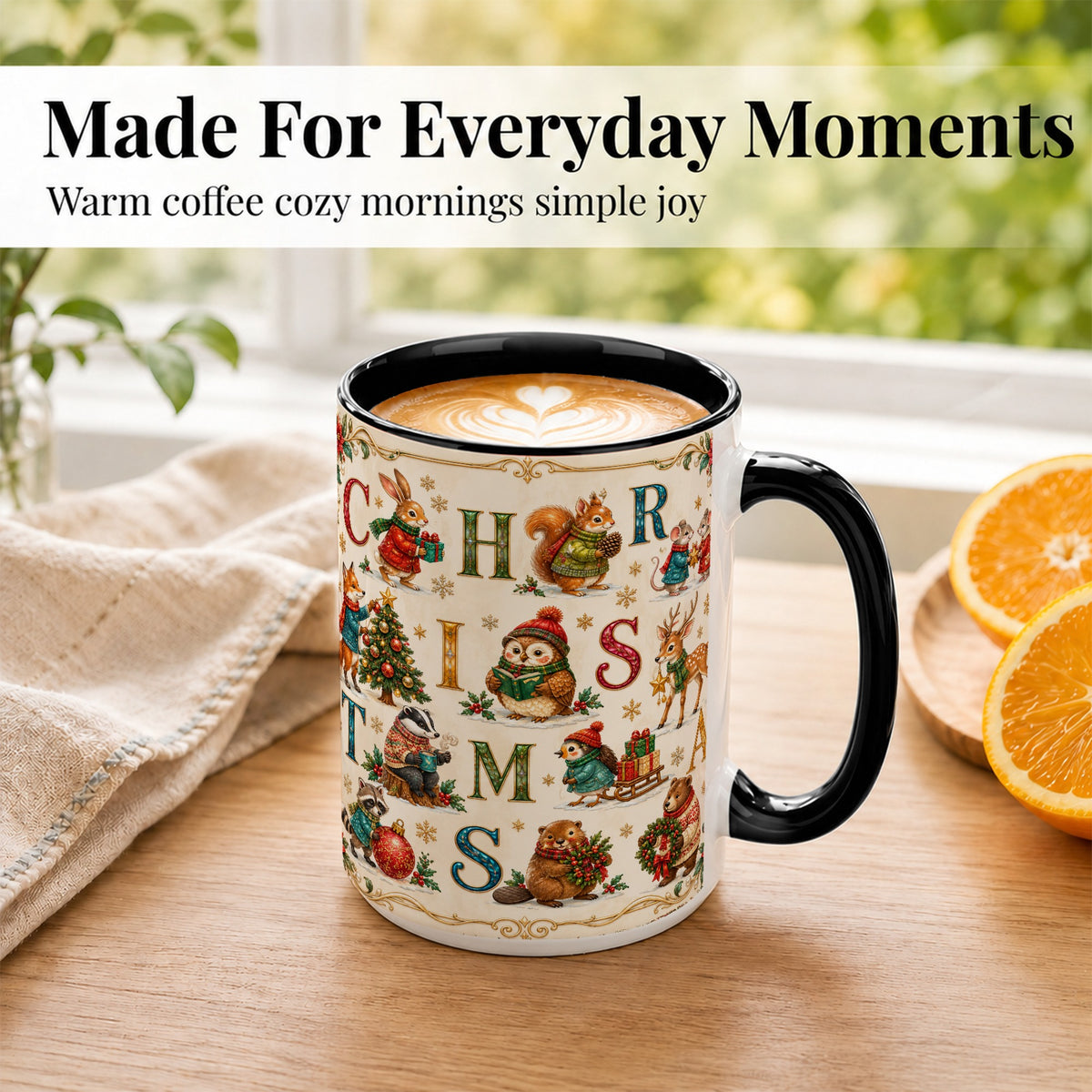 #pl[15oz|Black] Christmas Animals Coffee Mug, Woodland Letter Mug, Ceramic Cup