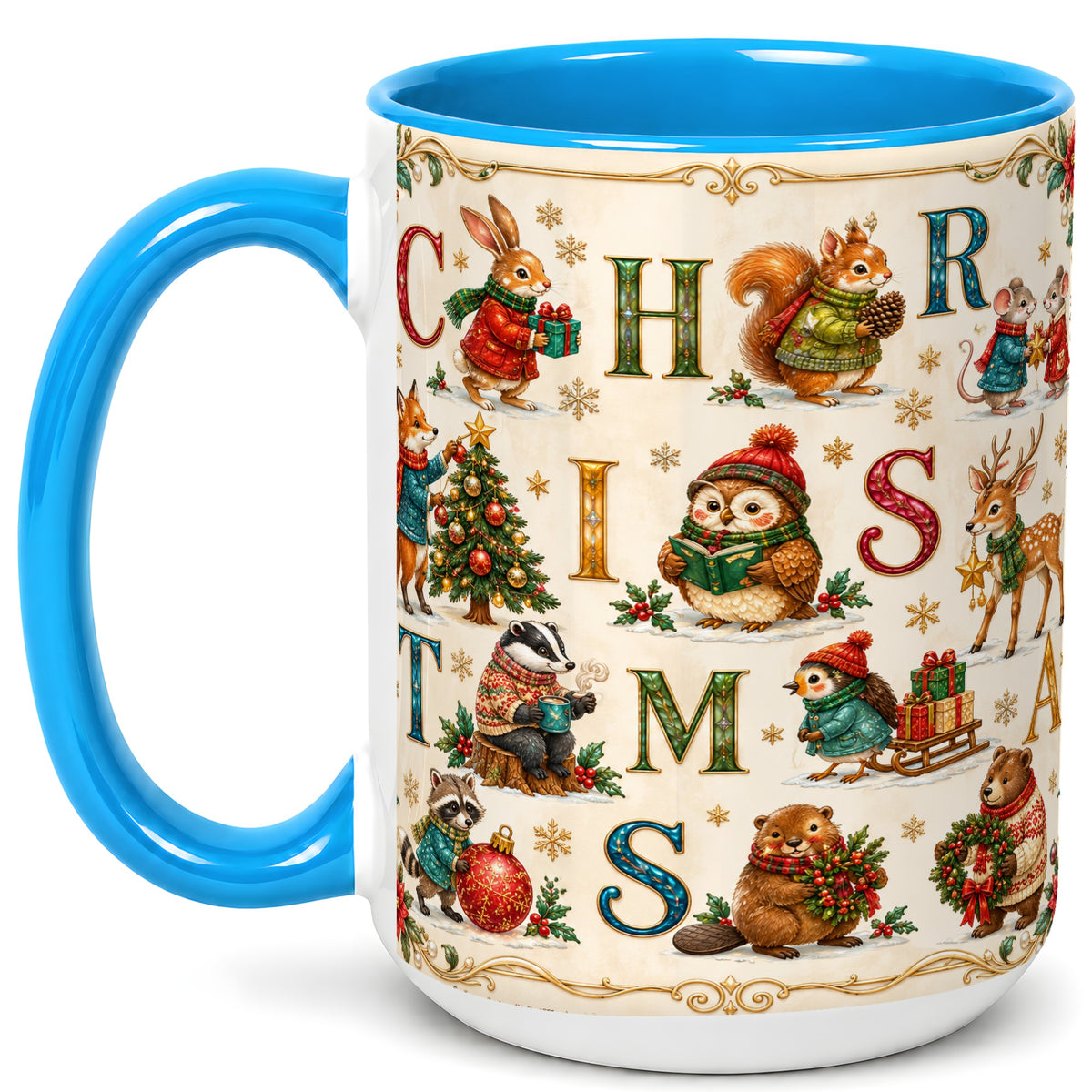 #pl[15oz|Blue] Christmas Animals Coffee Mug, Woodland Letter Mug, Ceramic Cup