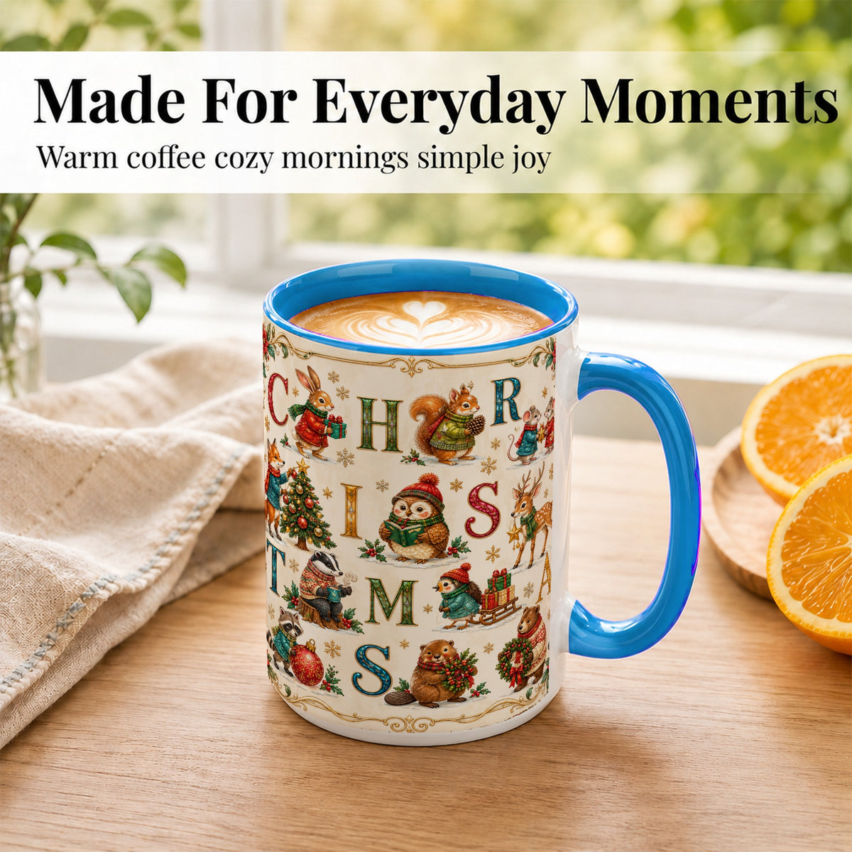 #pl[15oz|Blue] Christmas Animals Coffee Mug, Woodland Letter Mug, Ceramic Cup