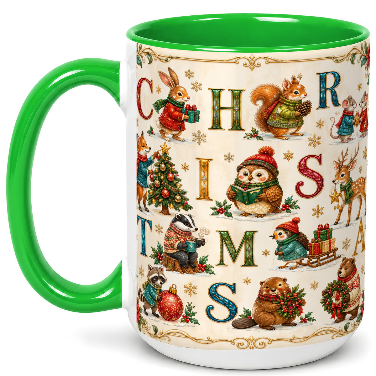 #pl[15oz|Green] Christmas Animals Coffee Mug, Woodland Letter Mug, Ceramic Cup