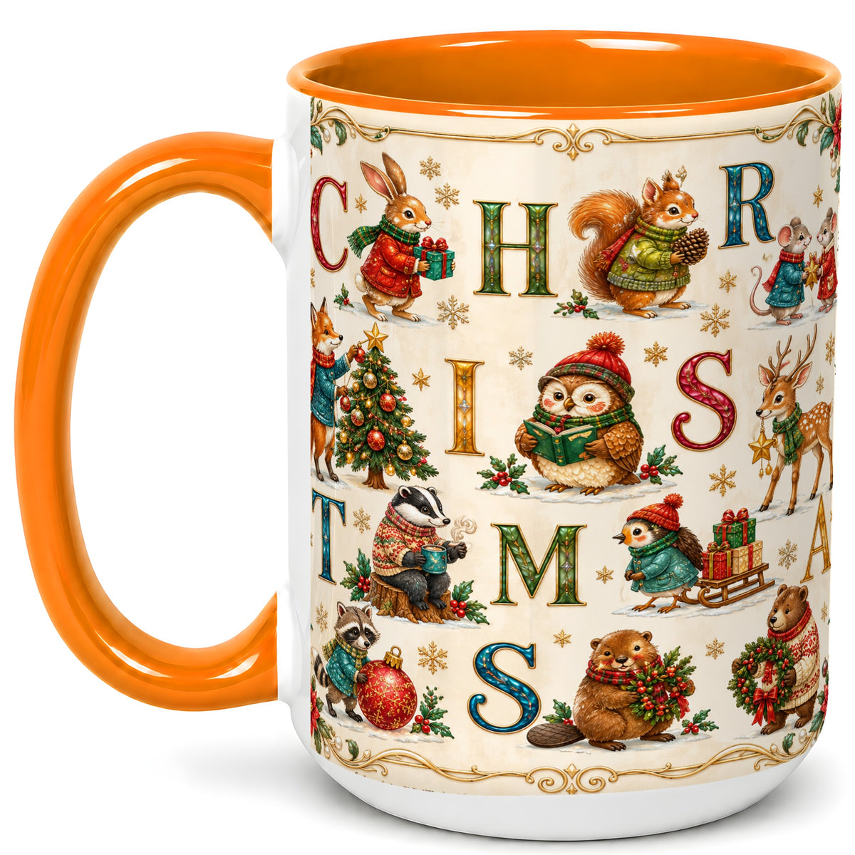 #pl[15oz|Orange] Christmas Animals Coffee Mug, Woodland Letter Mug, Ceramic Cup