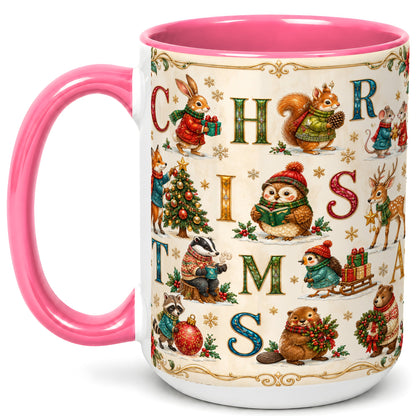 #pl[15oz|Pink] Christmas Animals Coffee Mug, Woodland Letter Mug, Ceramic Cup
