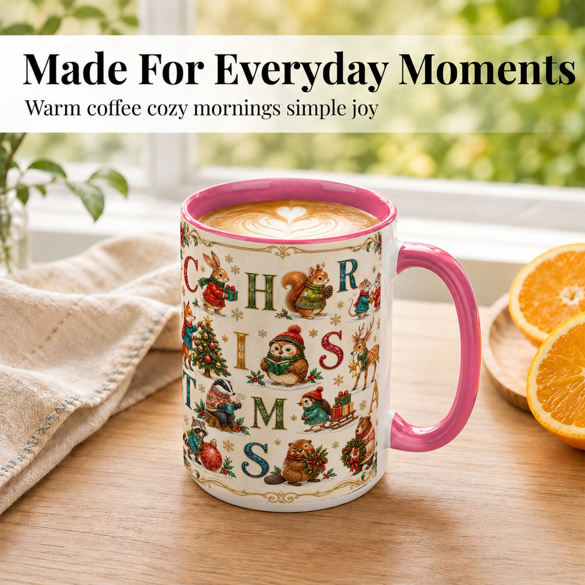 #pl[15oz|Pink] Christmas Animals Coffee Mug, Woodland Letter Mug, Ceramic Cup