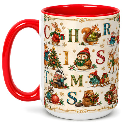 #pl[15oz|Red] Christmas Animals Coffee Mug, Woodland Letter Mug, Ceramic Cup