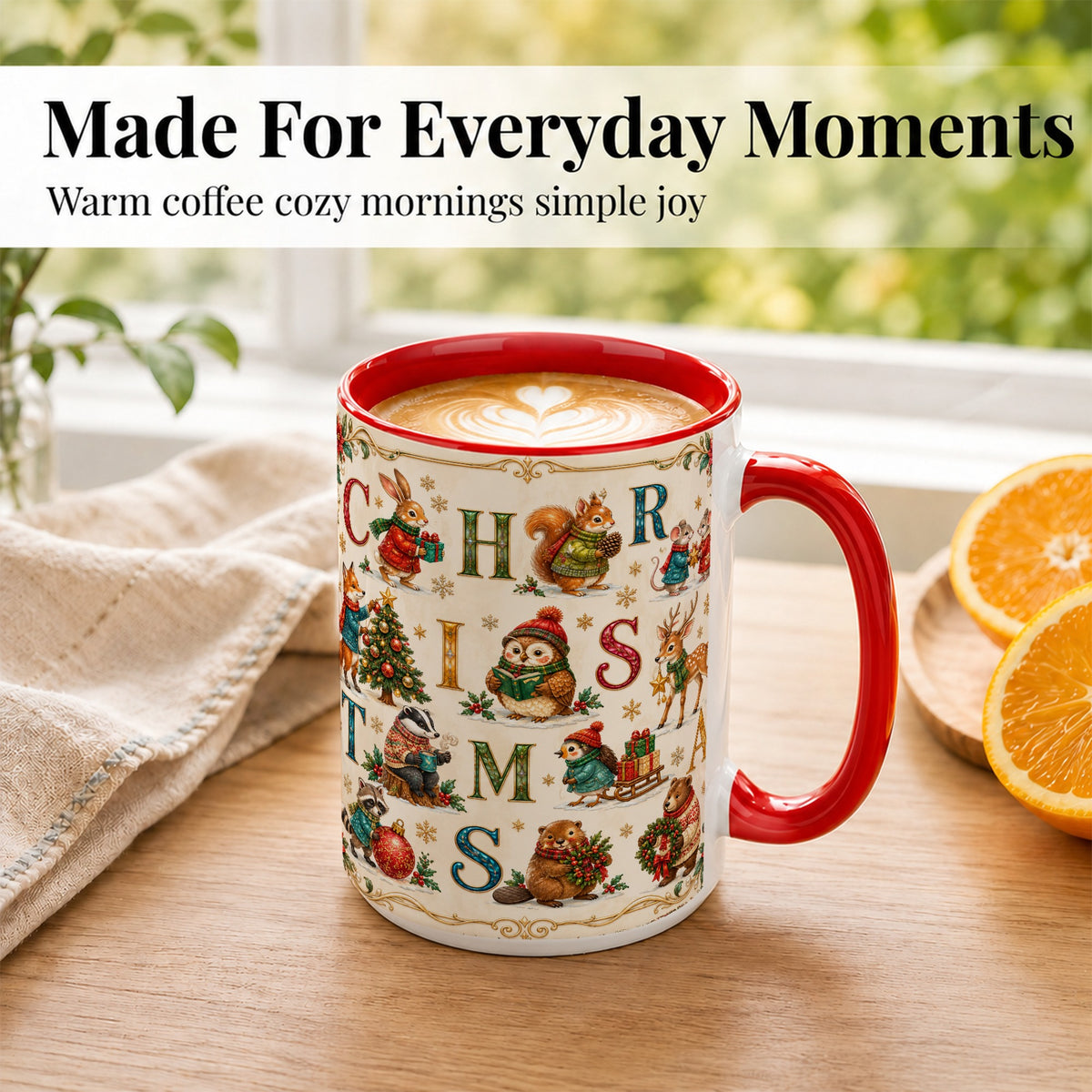 #pl[15oz|Red] Christmas Animals Coffee Mug, Woodland Letter Mug, Ceramic Cup
