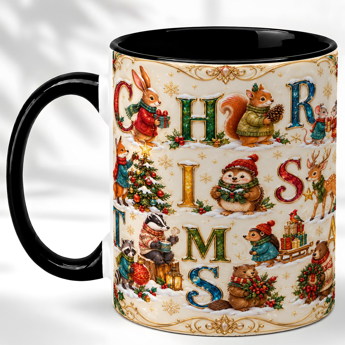 #pl[11oz|Black] Woodland Christmas Coffee Mug, Holiday Letter Mug, Ceramic Cup