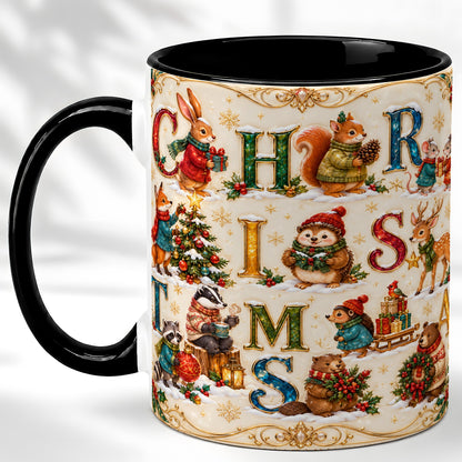 #pl[11oz|Black] Woodland Christmas Coffee Mug, Holiday Letter Mug, Ceramic Cup