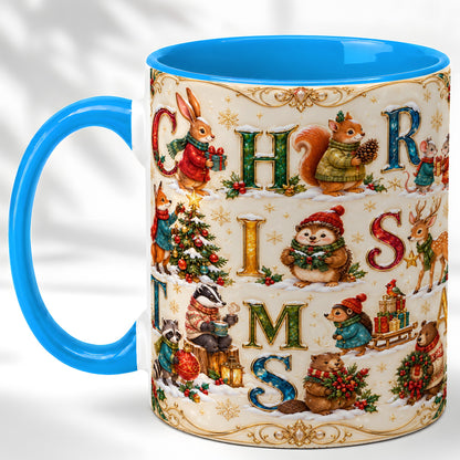 #pl[11oz|Blue] Woodland Christmas Coffee Mug, Holiday Letter Mug, Ceramic Cup