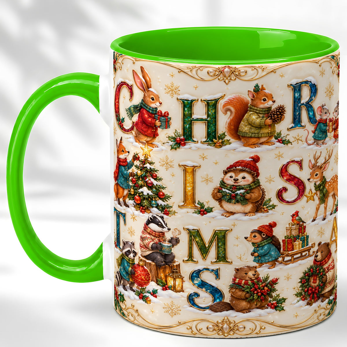 #pl[11oz|Green] Woodland Christmas Coffee Mug, Holiday Letter Mug, Ceramic Cup