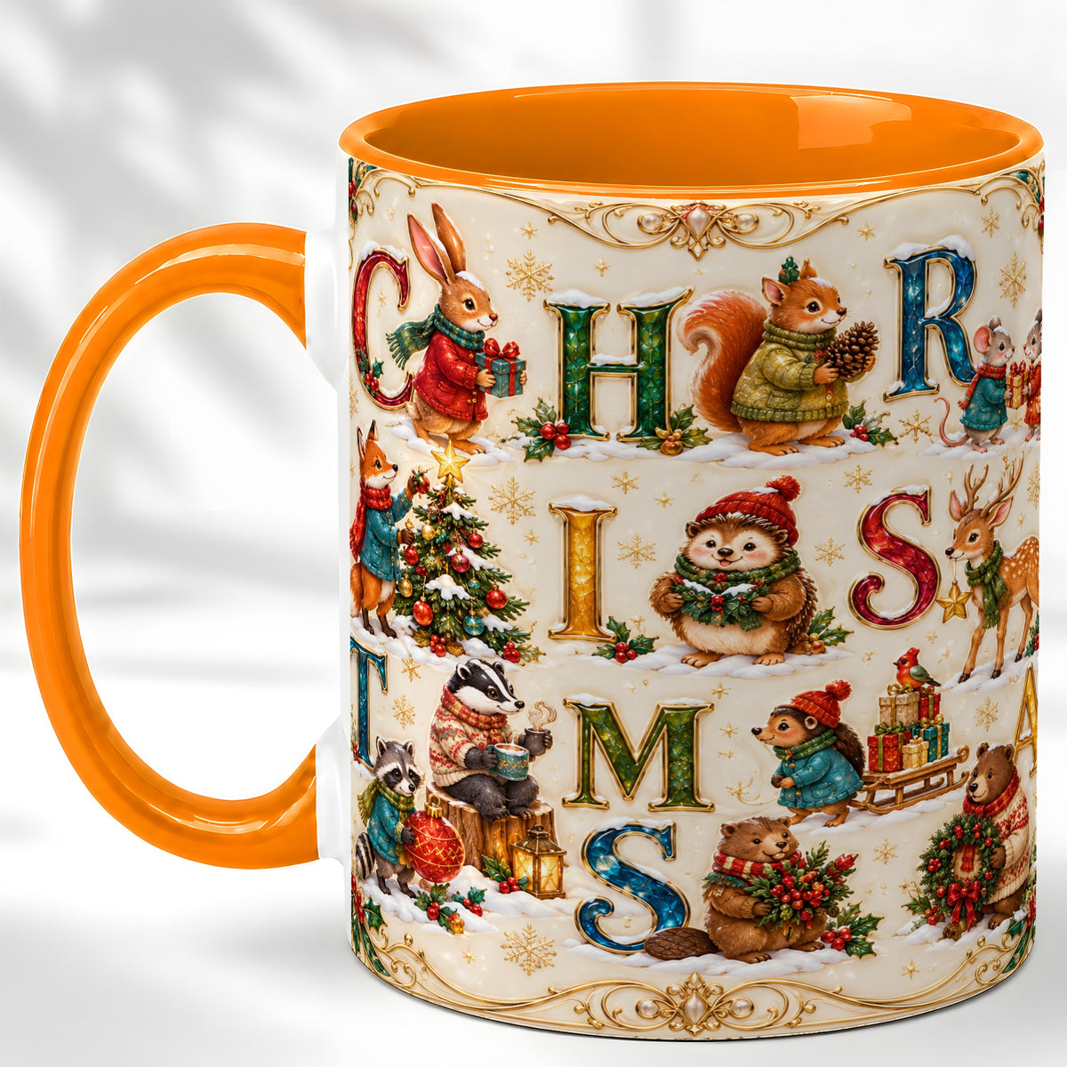 #pl[11oz|Orange] Woodland Christmas Coffee Mug, Holiday Letter Mug, Ceramic Cup