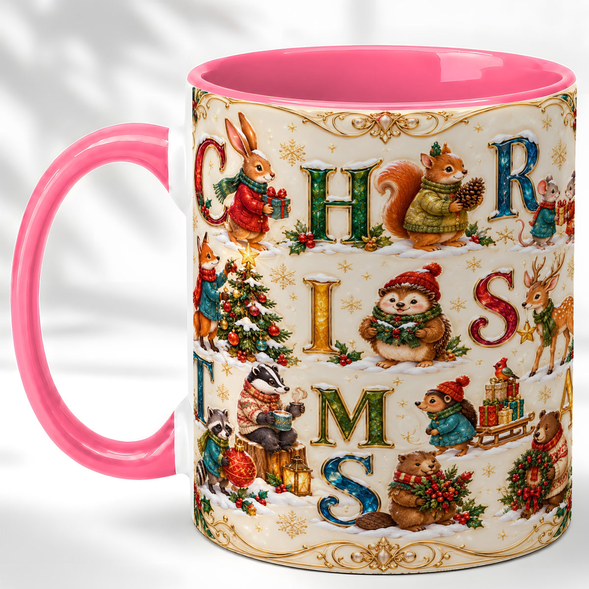 #pl[11oz|Pink] Woodland Christmas Coffee Mug, Holiday Letter Mug, Ceramic Cup