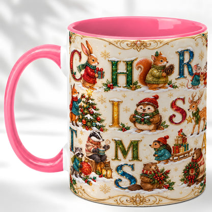 #pl[11oz|Pink] Woodland Christmas Coffee Mug, Holiday Letter Mug, Ceramic Cup
