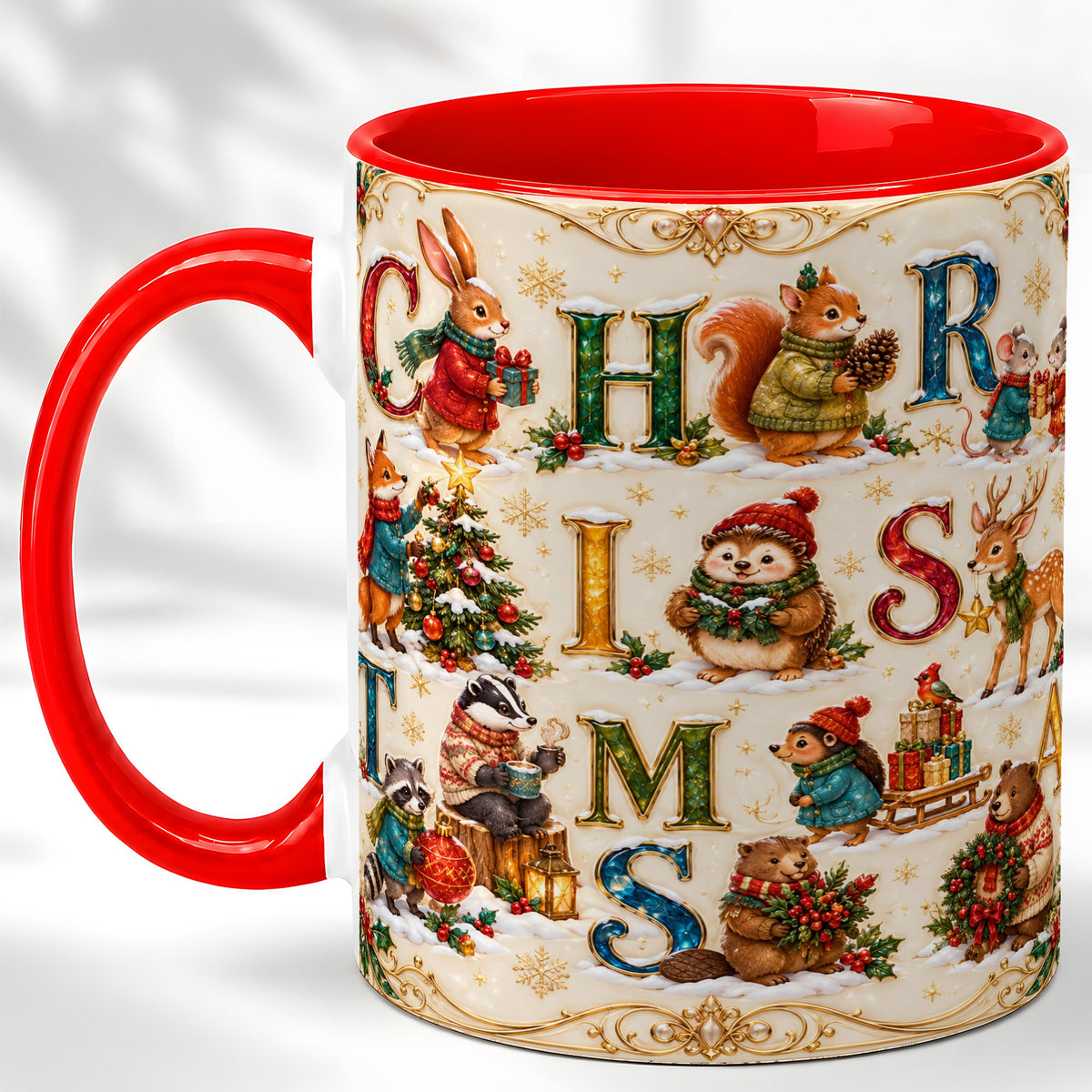 Woodland Christmas Coffee Mug, Holiday Letter Mug, Ceramic Cup