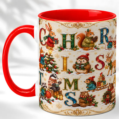Woodland Christmas Coffee Mug, Holiday Letter Mug, Ceramic Cup