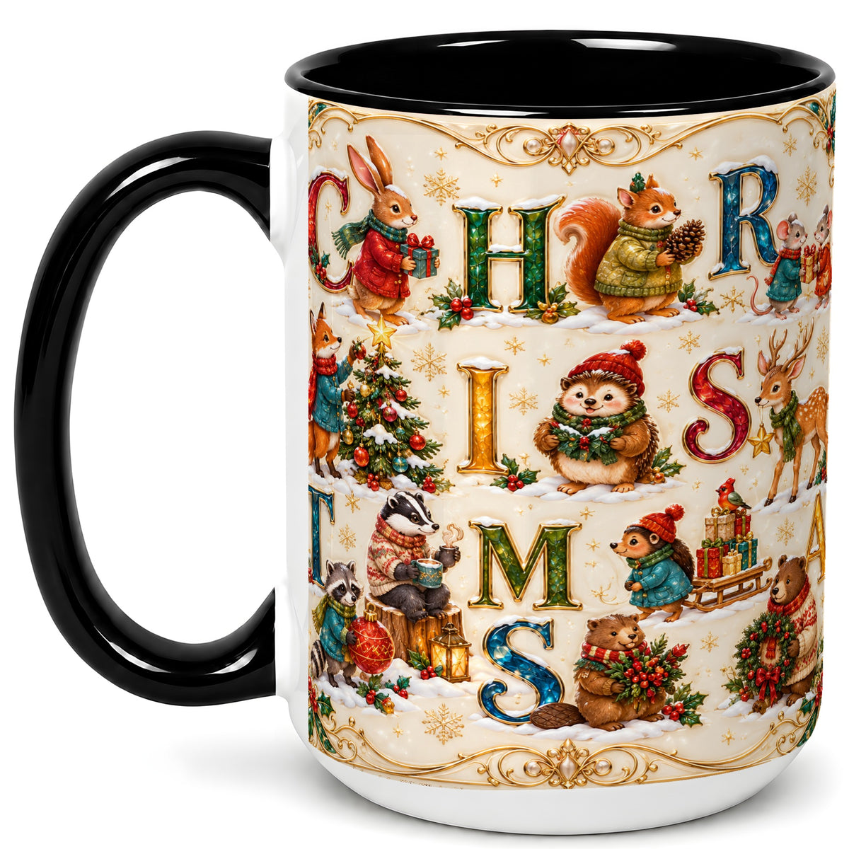 #pl[15oz|Black] Woodland Christmas Coffee Mug, Holiday Letter Mug, Ceramic Cup