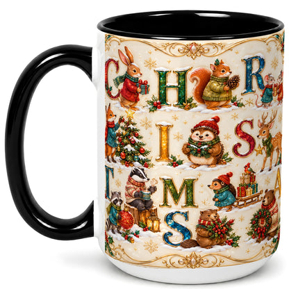 #pl[15oz|Black] Woodland Christmas Coffee Mug, Holiday Letter Mug, Ceramic Cup