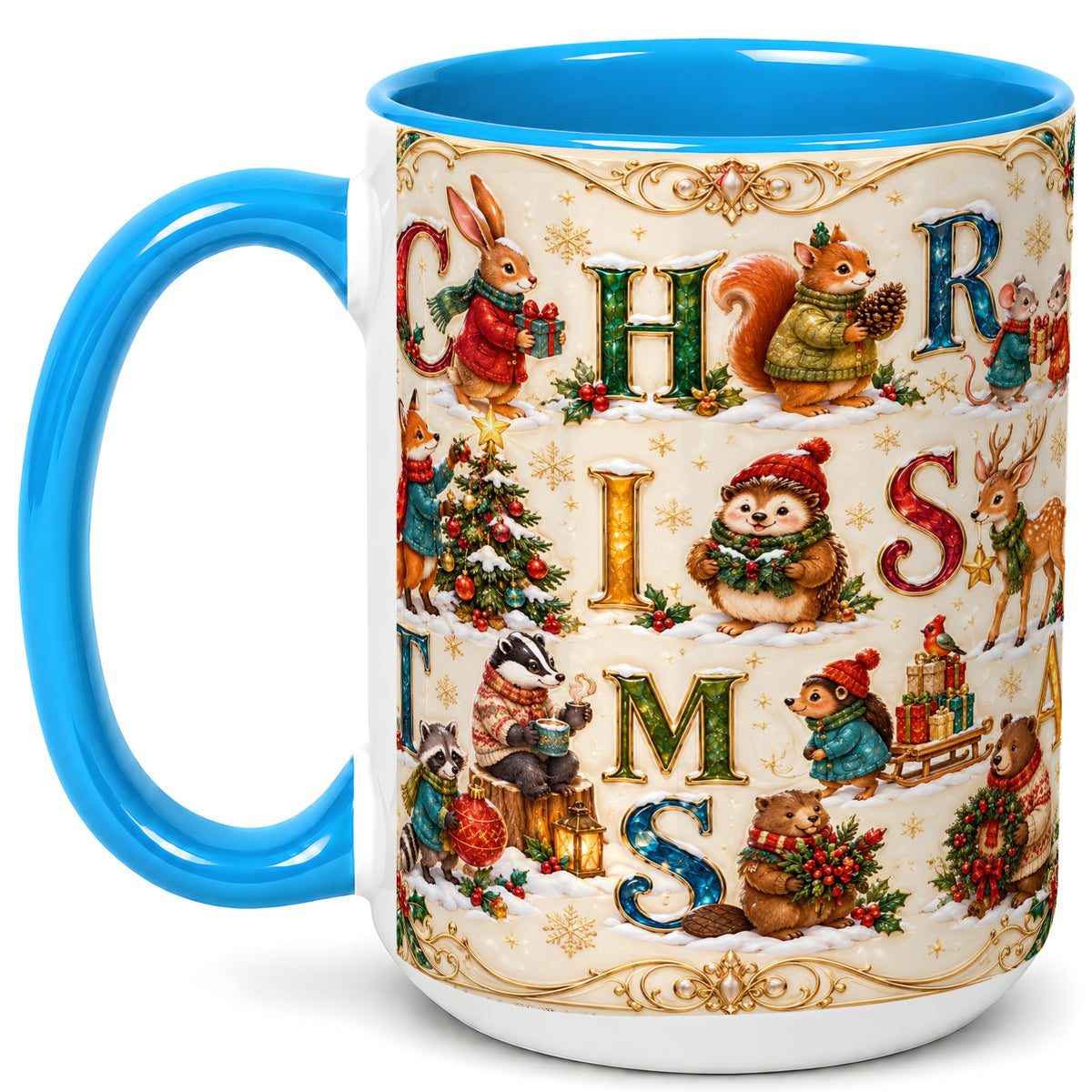 #pl[15oz|Blue] Woodland Christmas Coffee Mug, Holiday Letter Mug, Ceramic Cup