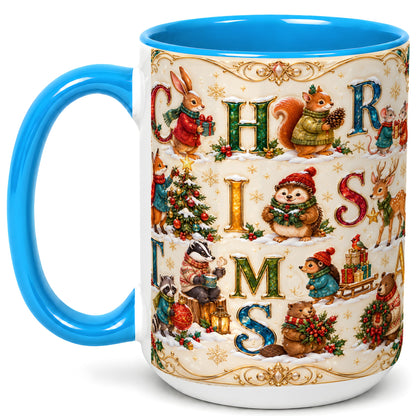 #pl[15oz|Blue] Woodland Christmas Coffee Mug, Holiday Letter Mug, Ceramic Cup