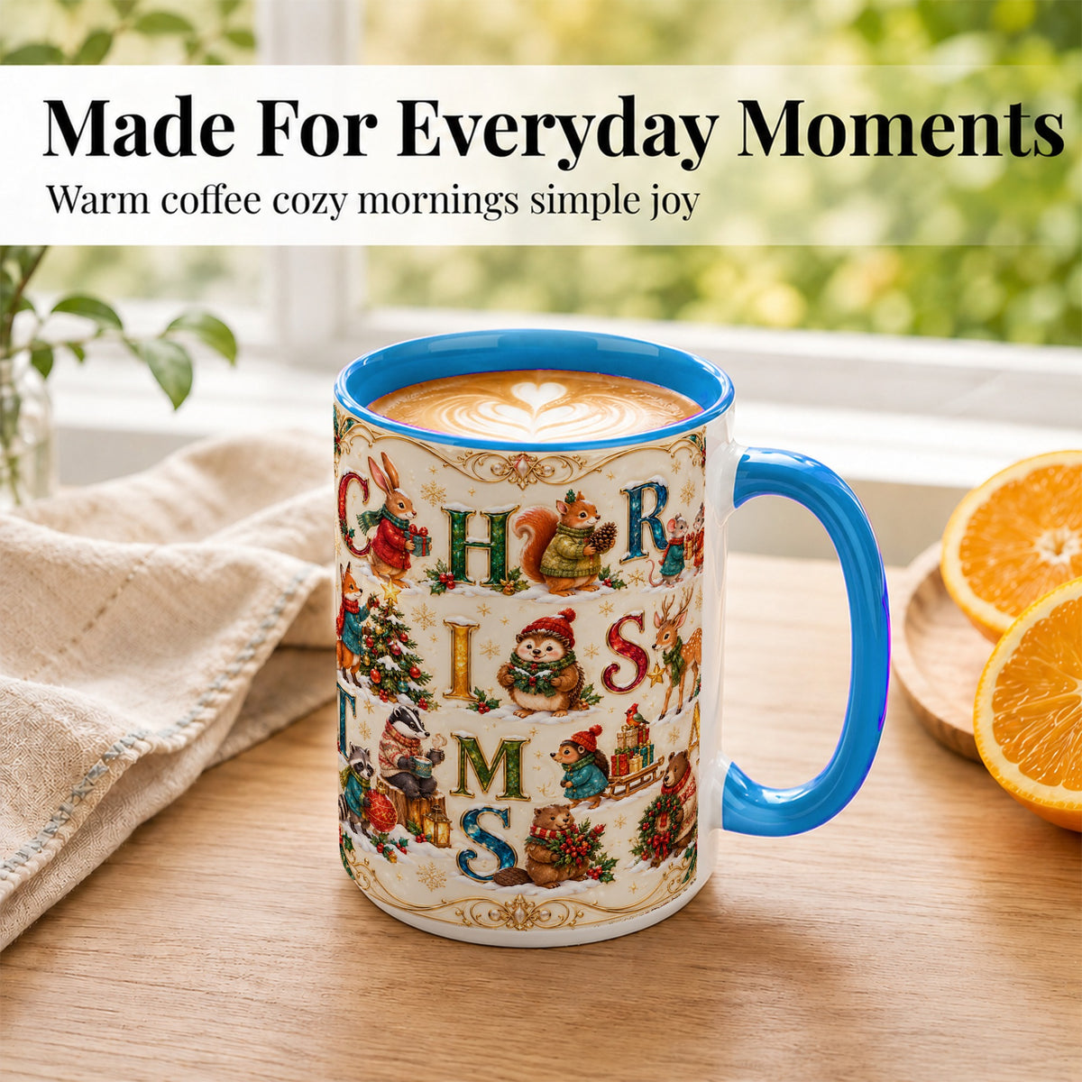 #pl[15oz|Blue] Woodland Christmas Coffee Mug, Holiday Letter Mug, Ceramic Cup