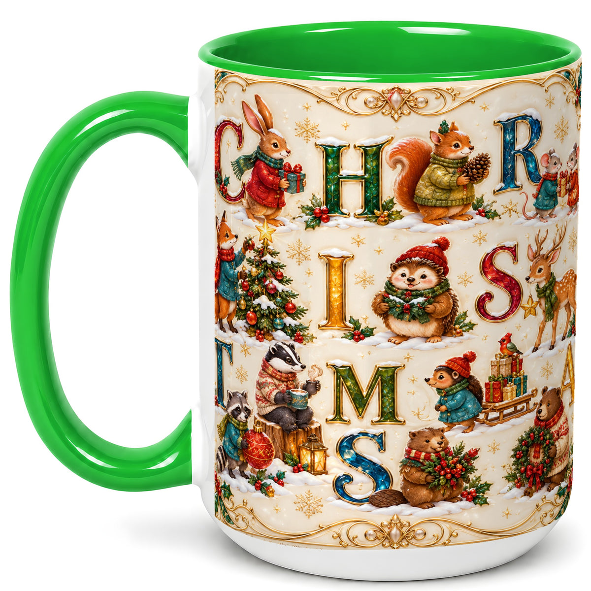 #pl[15oz|Green] Woodland Christmas Coffee Mug, Holiday Letter Mug, Ceramic Cup