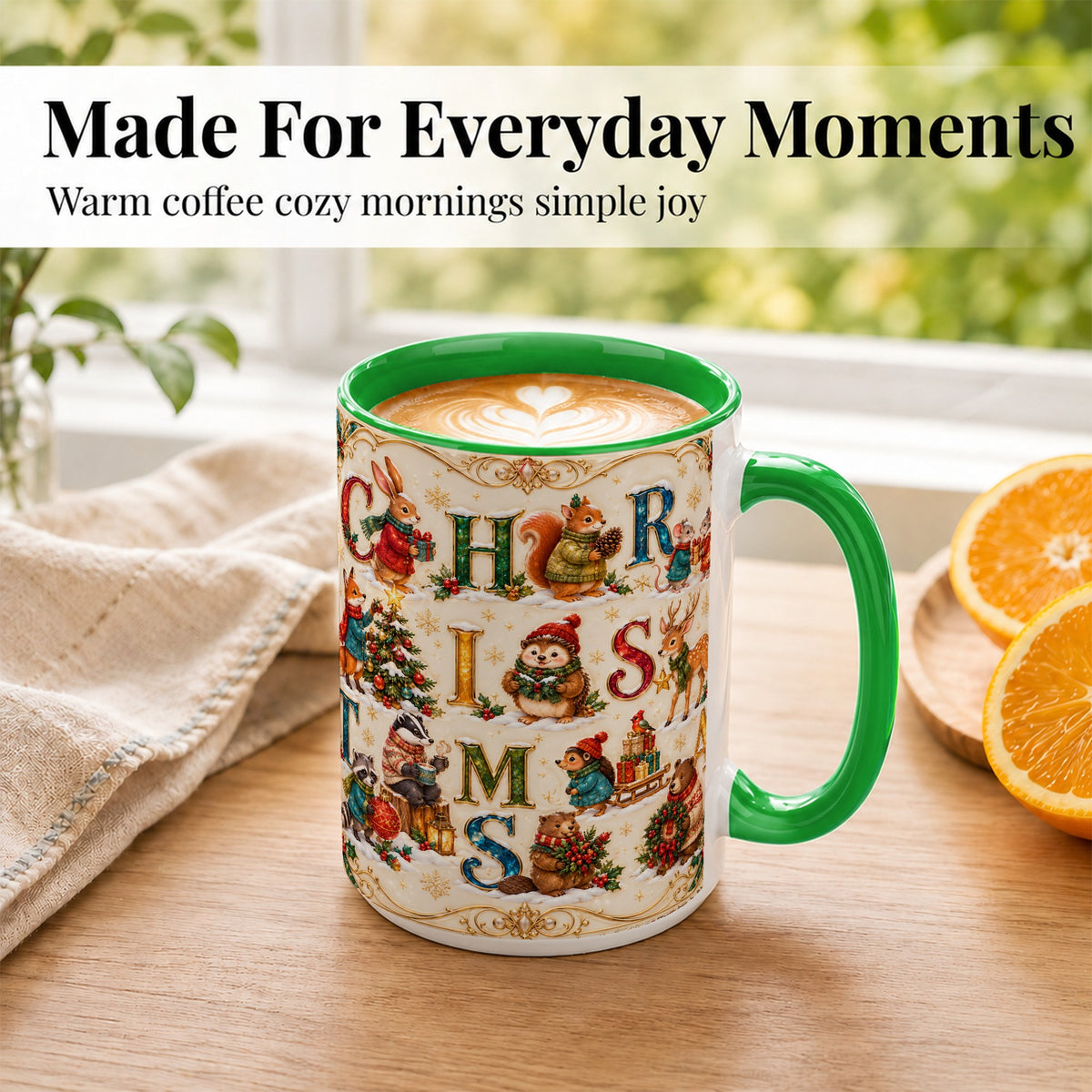 #pl[15oz|Green] Woodland Christmas Coffee Mug, Holiday Letter Mug, Ceramic Cup
