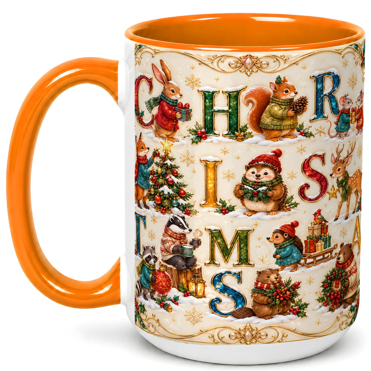 #pl[15oz|Orange] Woodland Christmas Coffee Mug, Holiday Letter Mug, Ceramic Cup