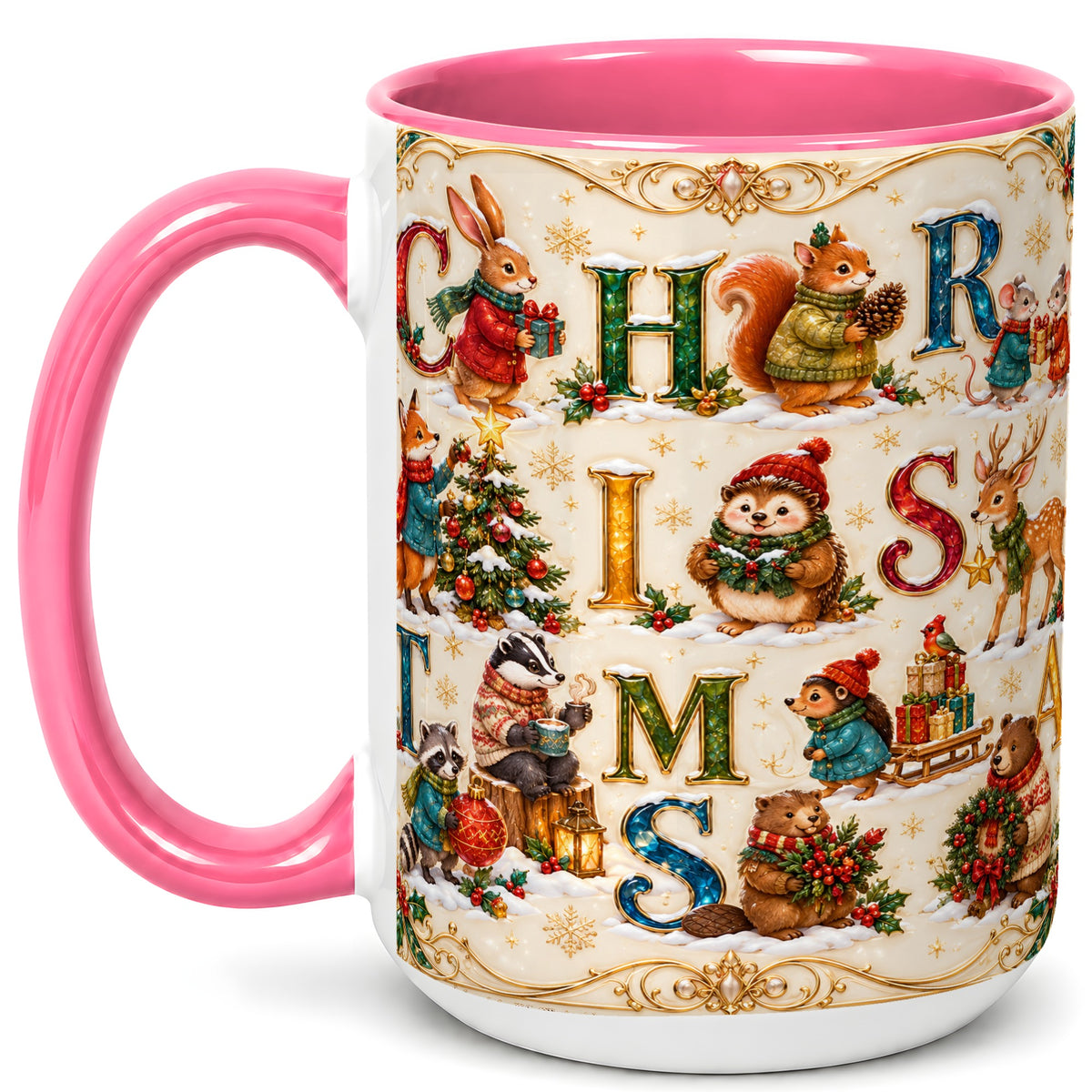 #pl[15oz|Pink] Woodland Christmas Coffee Mug, Holiday Letter Mug, Ceramic Cup
