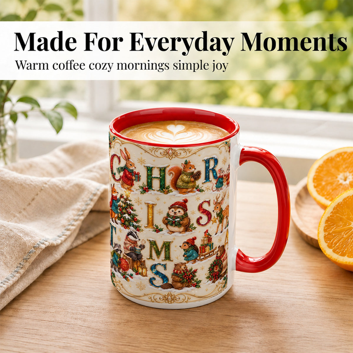 #pl[15oz|Red] Woodland Christmas Coffee Mug, Holiday Letter Mug, Ceramic Cup