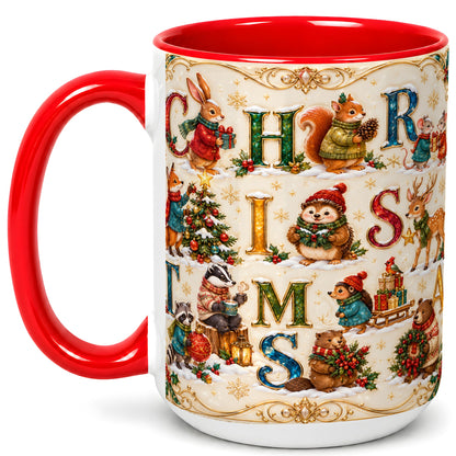 #pl[15oz|Red] Woodland Christmas Coffee Mug, Holiday Letter Mug, Ceramic Cup